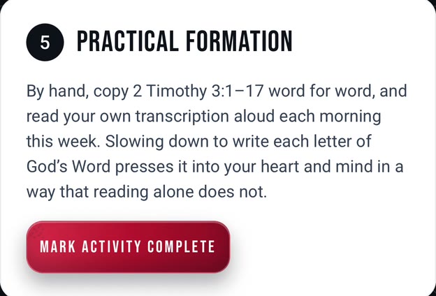 Weekly action step: a short task to do each morning, with a Mark Activity Complete button