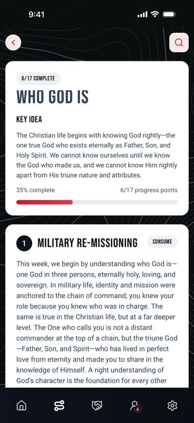 M2M app lesson screen with its key idea, 6 of 17 progress points and the first reading