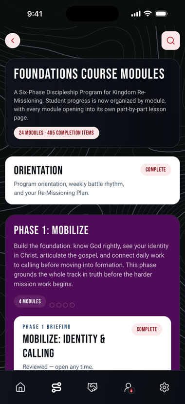 M2M app screen listing the Foundations Course modules: 24 modules, Orientation marked complete, and Phase 1: Mobilize