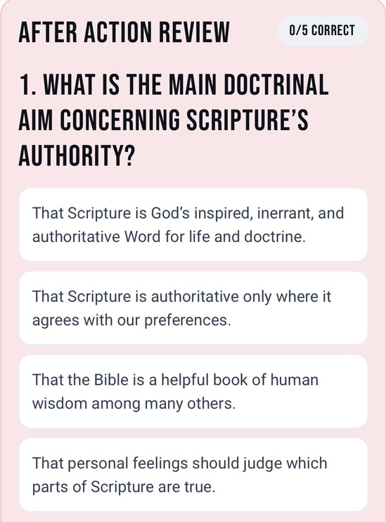End-of-lesson review quiz: question 1 with four multiple-choice answers, 0 of 5 correct